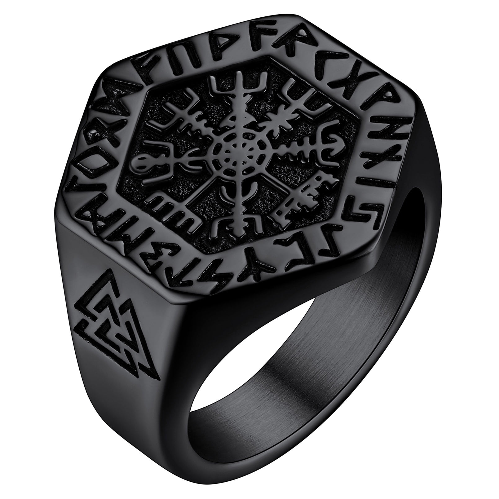 FaithHeart 북유럽 바이킹 Vegvisir 해적 나침반 반지 남성용 솔리드 룬 밴드 반지 블랙 스테인레스 스틸 쥬얼리 펑크 Valknut 보호 부적 랩퍼 사이즈 7 선물