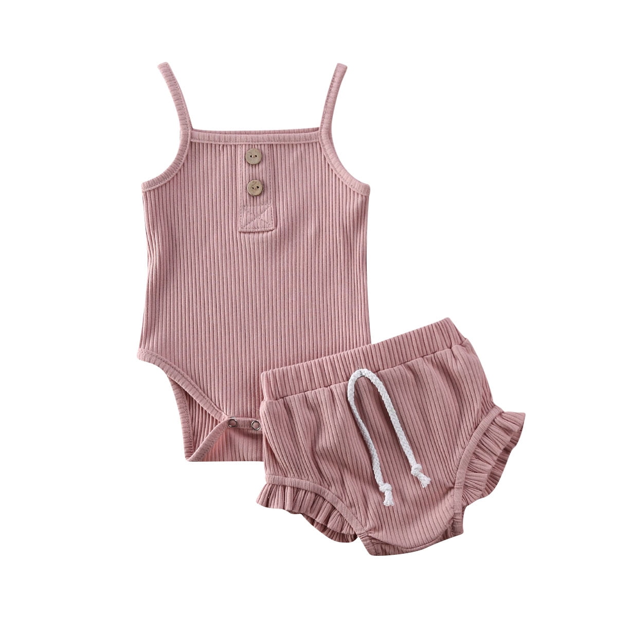 신생아 아기 소녀 여름 옷 골지 스트랩 Romper 바디 슈트 + Drawstring 반바지 핑크 18-24 개월
