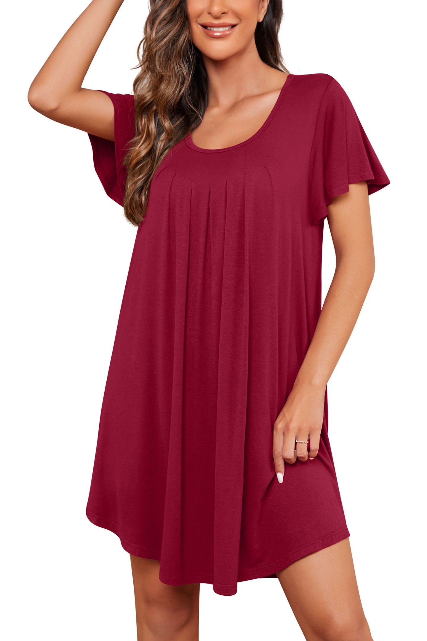 JWD Womens Nightgown 반팔 잠옷 Soft Loose Sleepshirt Scoopneck Pleated Nightshirt Loungewear