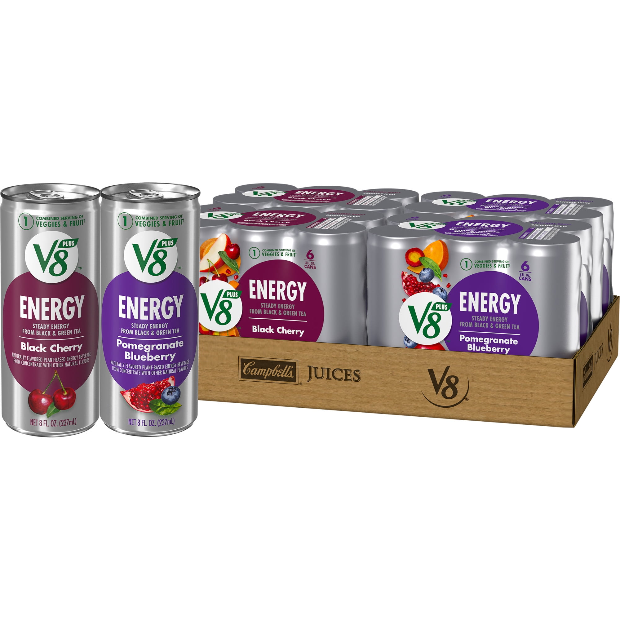 V8 +Energy 블랙 체리 및 석류 블루베리 주스 에너지 드링크, 8 fl oz 캔, 24개(6개들이 4팩)